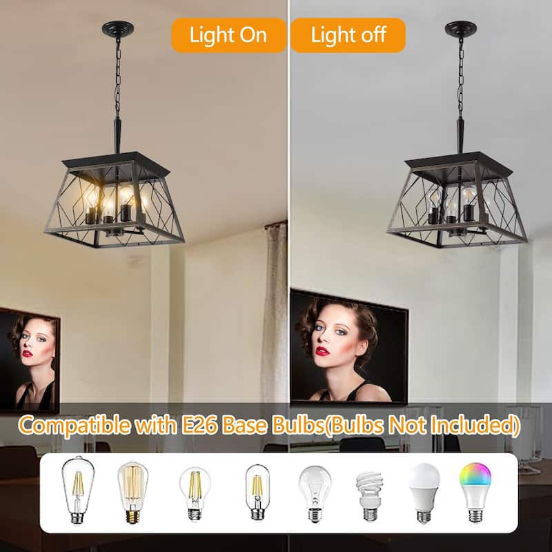 16" Black Gold Industrial 4-Light Pendant Chandelier, Modern Metal Cage Design, Adjustable Hanging Light(No Bulbs)