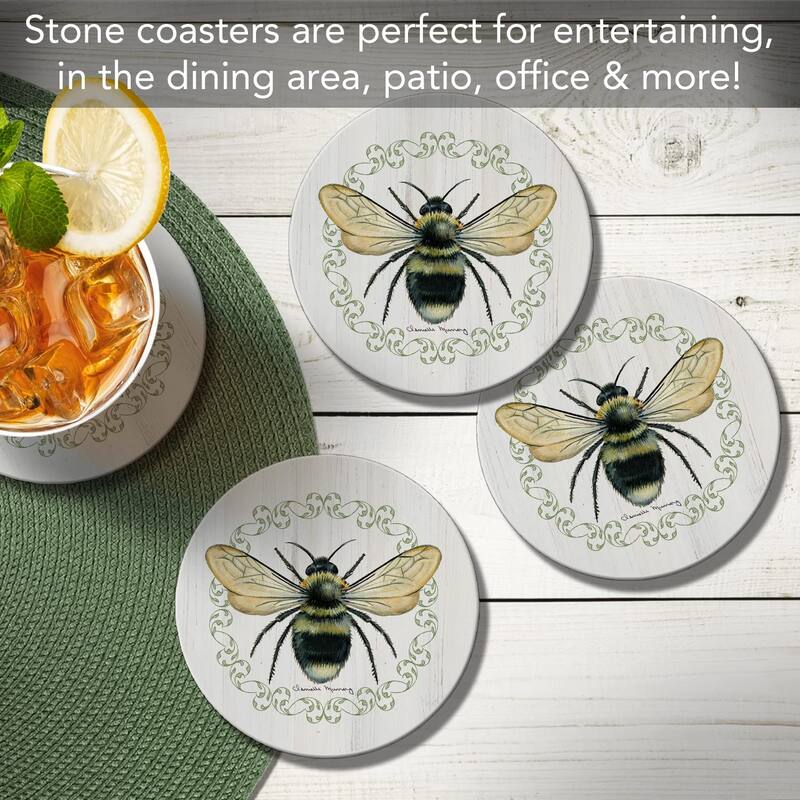 CounterArt Summer Buzz Absorbent Stone Tumbled Tile Coaster Set of 4 Made in The USA Protective Cork Backing