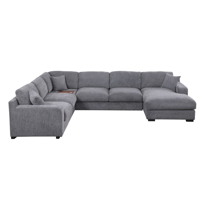 Celine 128"W Light Gray Chenille Fabric Corner Sectional Sofa with Right-Facing Chaise, Cupholders, and Charging Ports
