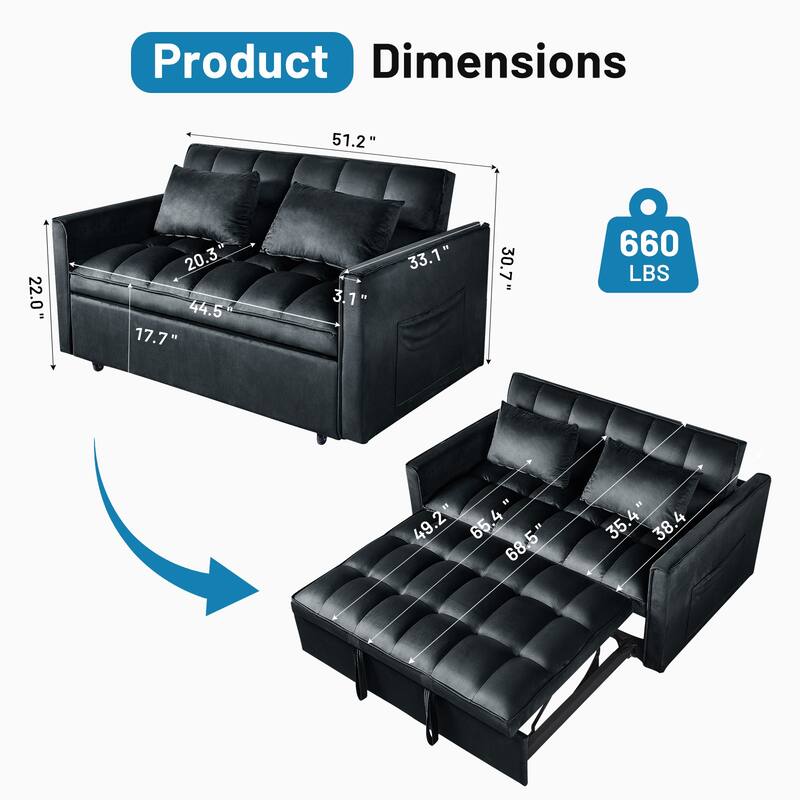 3-in-1 Convertible Sleeper Loveseat Pull Out Twin Size Suede Sofa Bed with 2 Pillows & Pocket