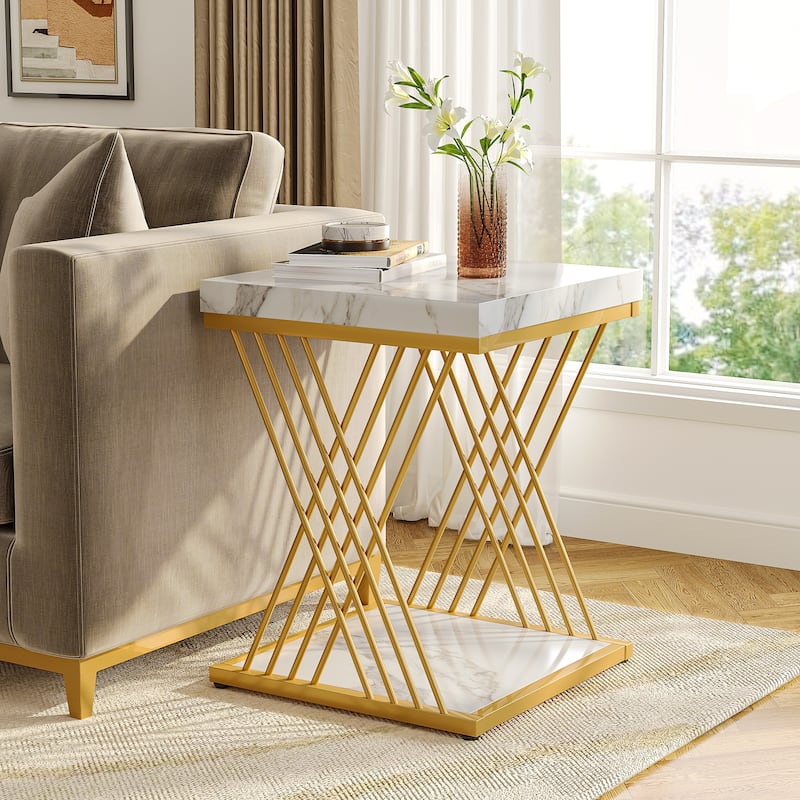 Square Side End Table for Living Room, Nightstand for Bedroom - 1PCS - Faux Marble White+Gold