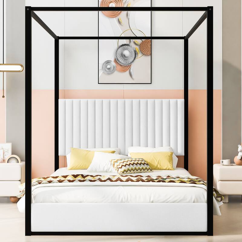 Platform Bed Canopy Bed Velvet Upholstery Bed with Vertical Stripes Headboard and Wood Slat Support No Box Spring Needed