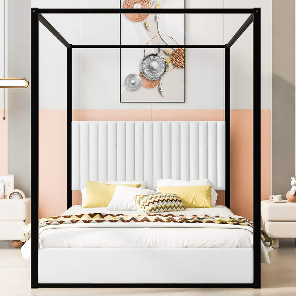 Roomfitters Queen Canopy Platform Bed with Velvet Upholstered Headboard, Metal Frame, White