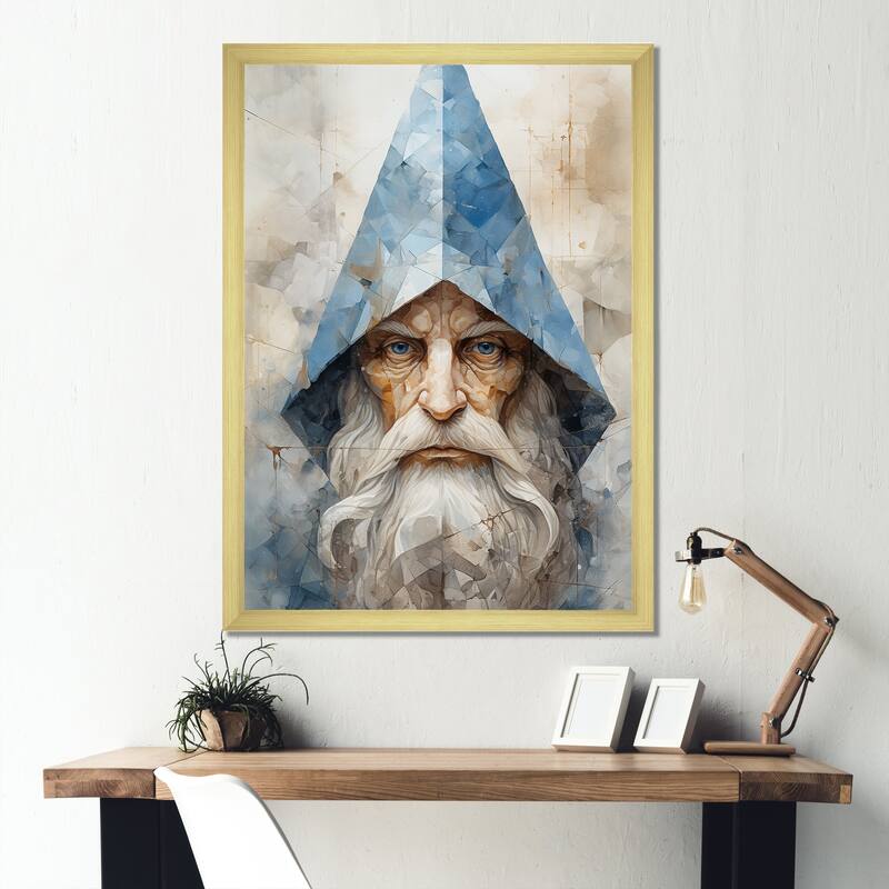 Designart "Fantasy Beige And Blue Gnome Portrait II" Gnome Framed Canvas Art Print - 30 in. wide x 40 in. high - Gold