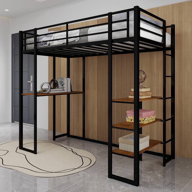 Space-Saving Iron Bunk Bed with L-Shaped Desk, Dual Staircase & Storage for Kids & Teens - Black