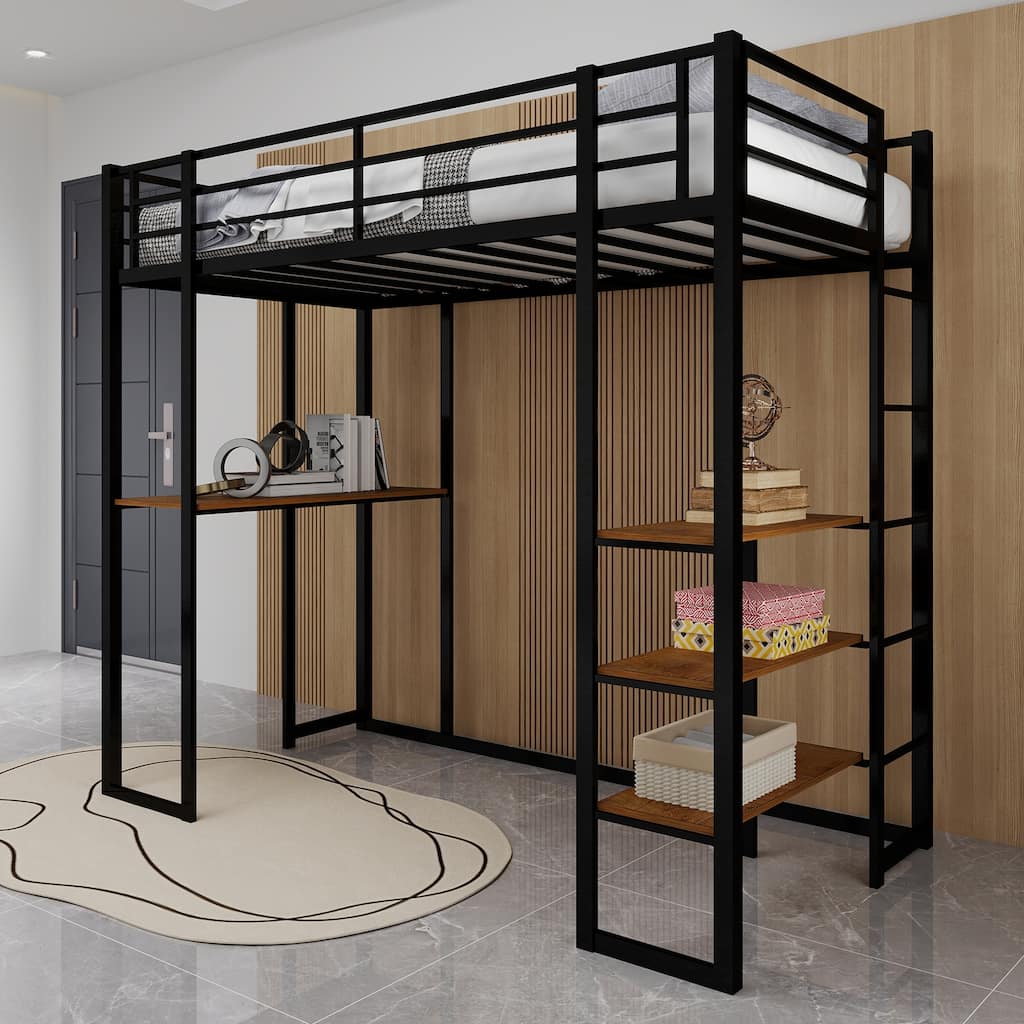 Space-Saving Iron Bunk Bed with L-Shaped Desk, Dual Staircase & Storage for Kids & Teens