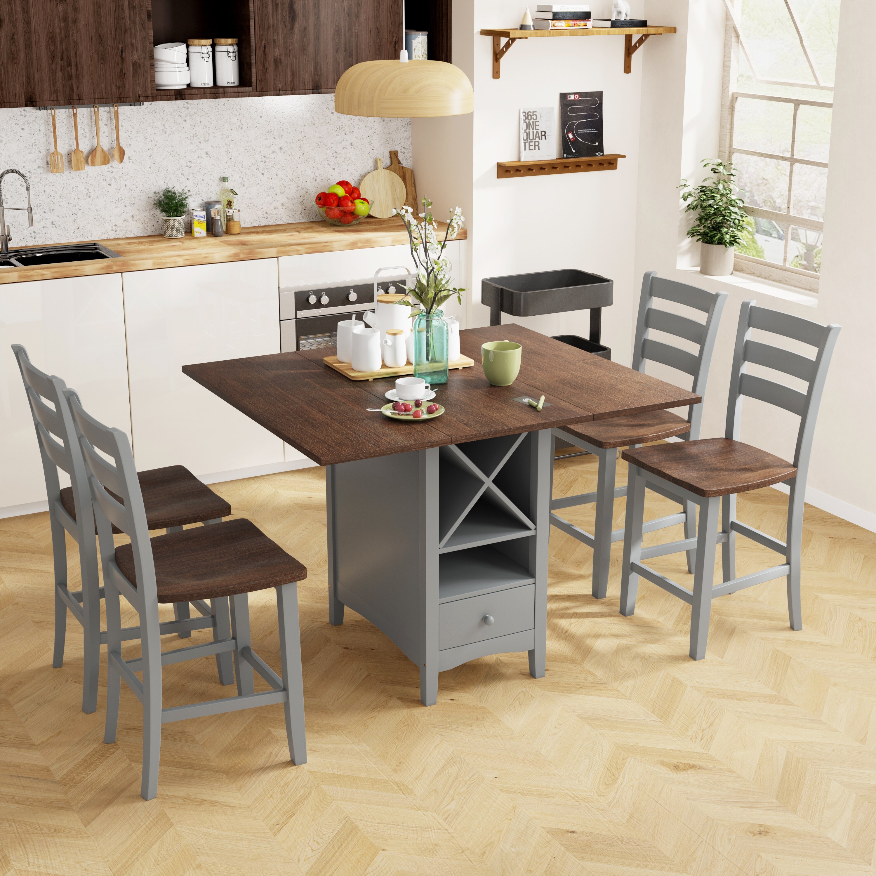 5 Piece Counter Height Dining Table Set with Drop Leaf Table Wine