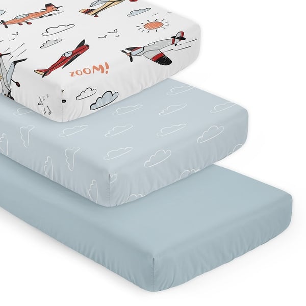 slide 2 of 6, Sweet Jojo Designs Vintage Airplane Boy 3 Pack Fitted Crib Sheets - Blue Clouds, Solid Slate and Sky, Airplanes Transportation