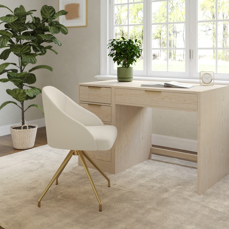 Martha Stewart Upholstered Stationary Swivel Home Office Chair - Off White Boucle/Polished Brass