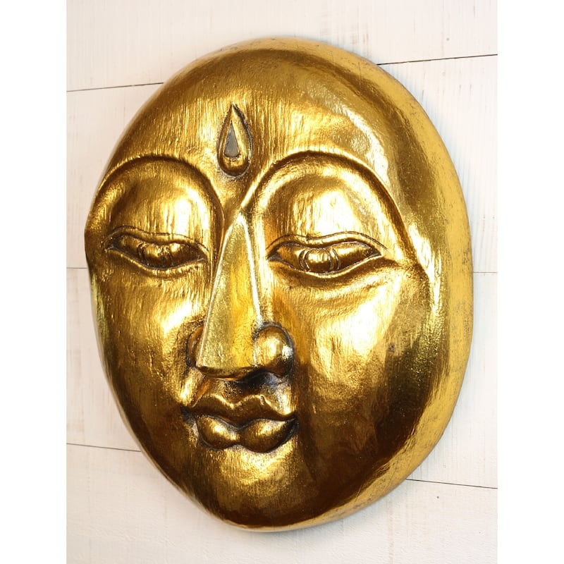 Wooden Moon Face Wall Art Hand Carved Crescent Moon Mask, Rustic Boho Home Decor Accent - Gold 13.5"