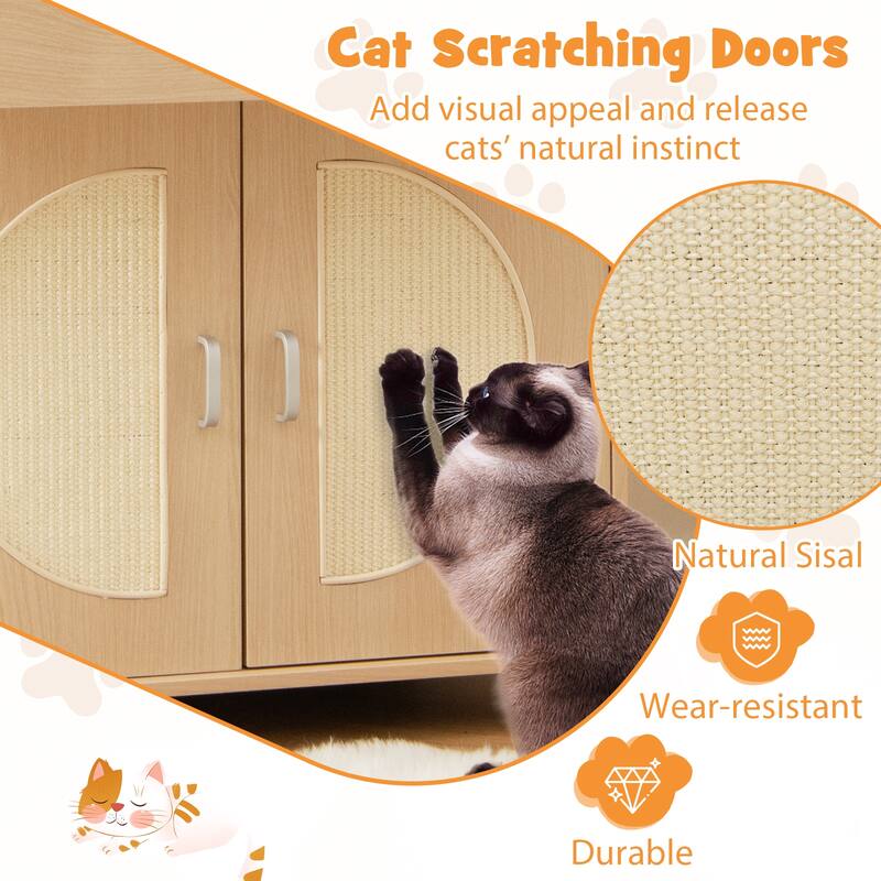 Cat Litter Box Enclosure with Sisal Scratching Doors and Storage-Natural - 26.5" x 19" x 26" (L x W x H)