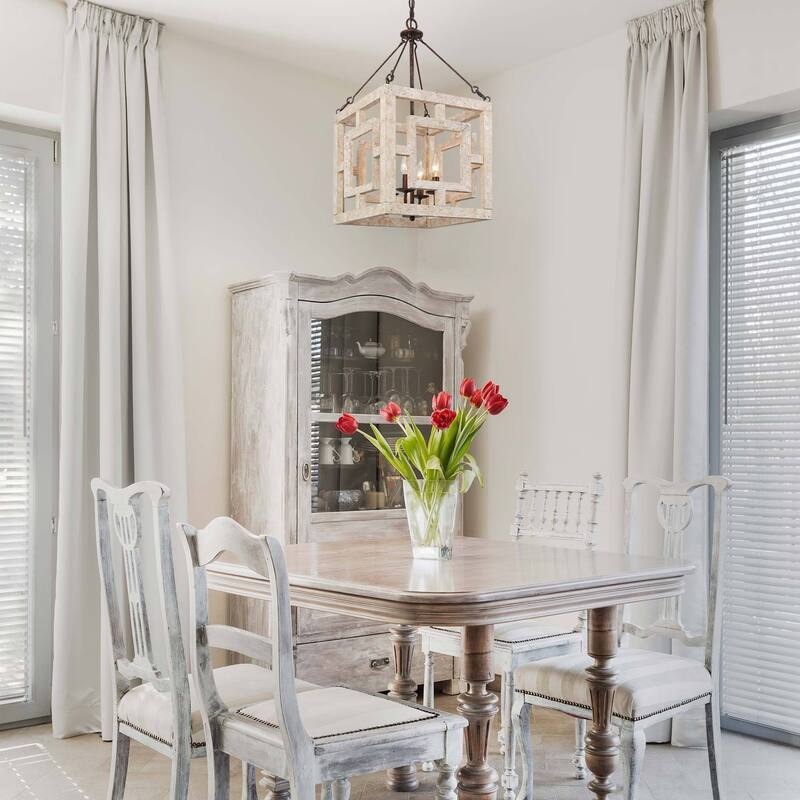 Duull Farmhouse 4-Light Wood Rustic Square Chandelier for Kitchen Island - 14" L x 14" W x 26" H