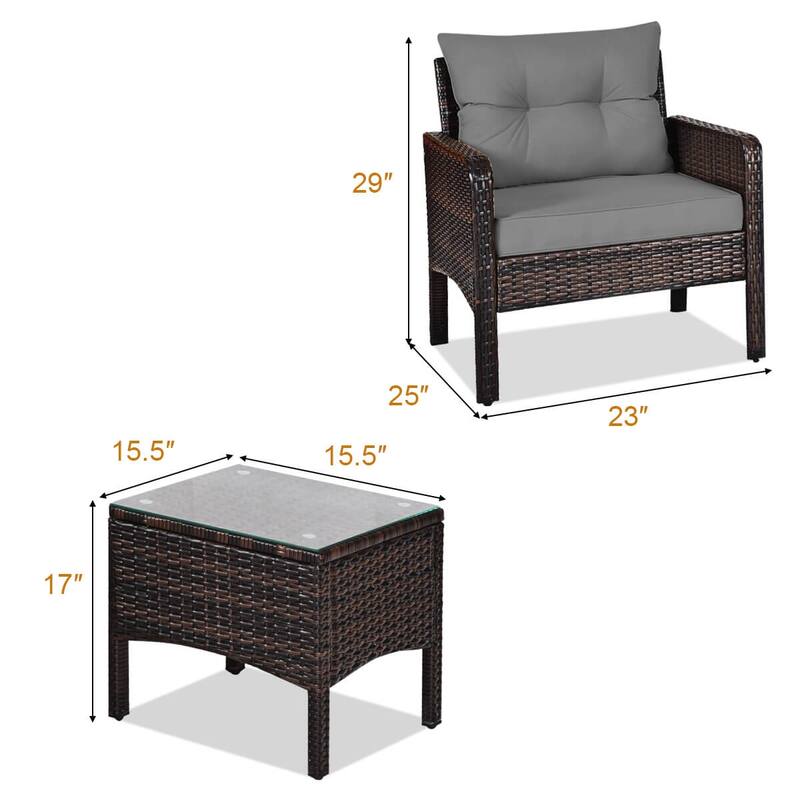 Costway 3 PCS Patio PE Wicker Furniture Set with Cushions and Tempered - See Details