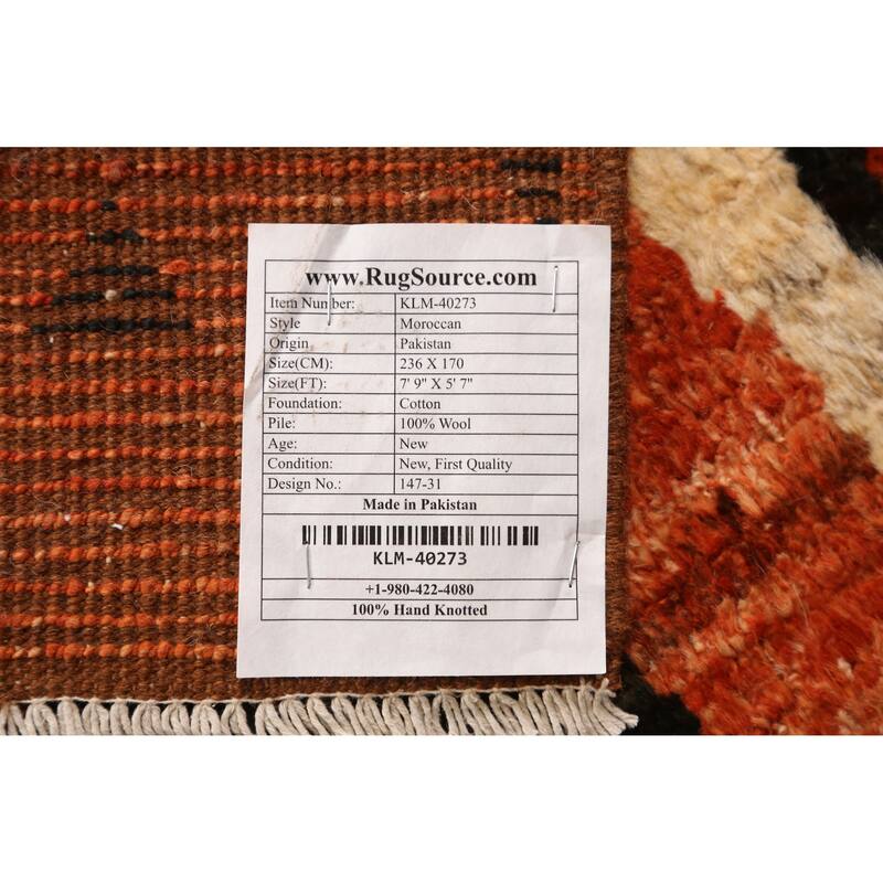 Geometric Moroccan Oriental Rug Hand-Knotted Orange Wool Carpet - 5'7" x 7'9"