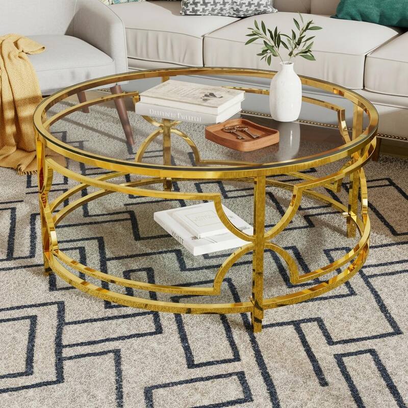 Round Glass Coffee Table with Luxurious Geometric Metal Frame by Harper&Bright Designs