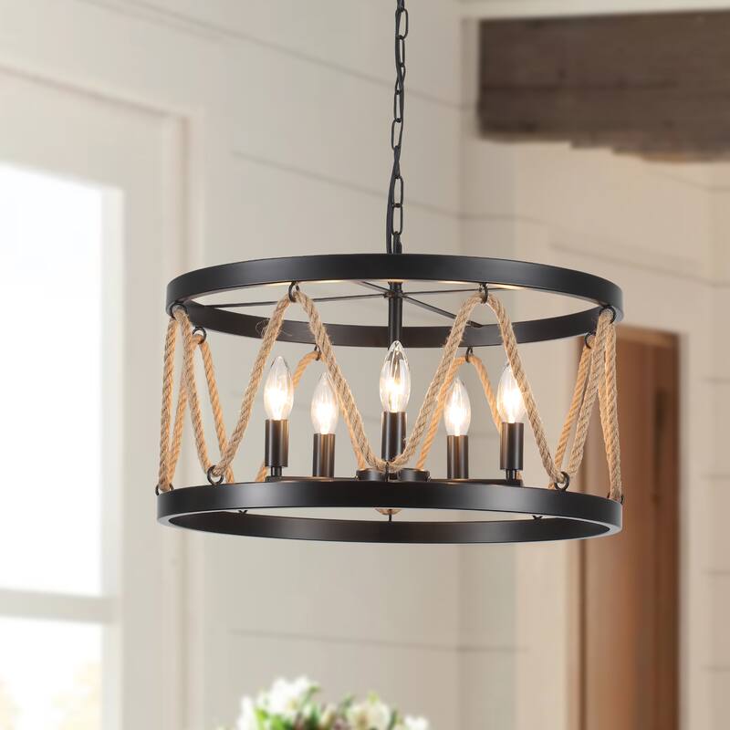 5-Light Hemp Rope Candlestick Hanging Linear Chandelier Lighting with Cloth Cover for Kitchen Island - Black