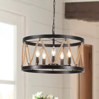 5-Light Hemp Rope Candlestick Hanging Linear Chandelier Lighting with Cloth Cover for Kitchen Island