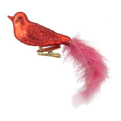 Glitter Winged Bird Clip On Glass Christmas Ornament - 5.5" - Orange Red and Pink