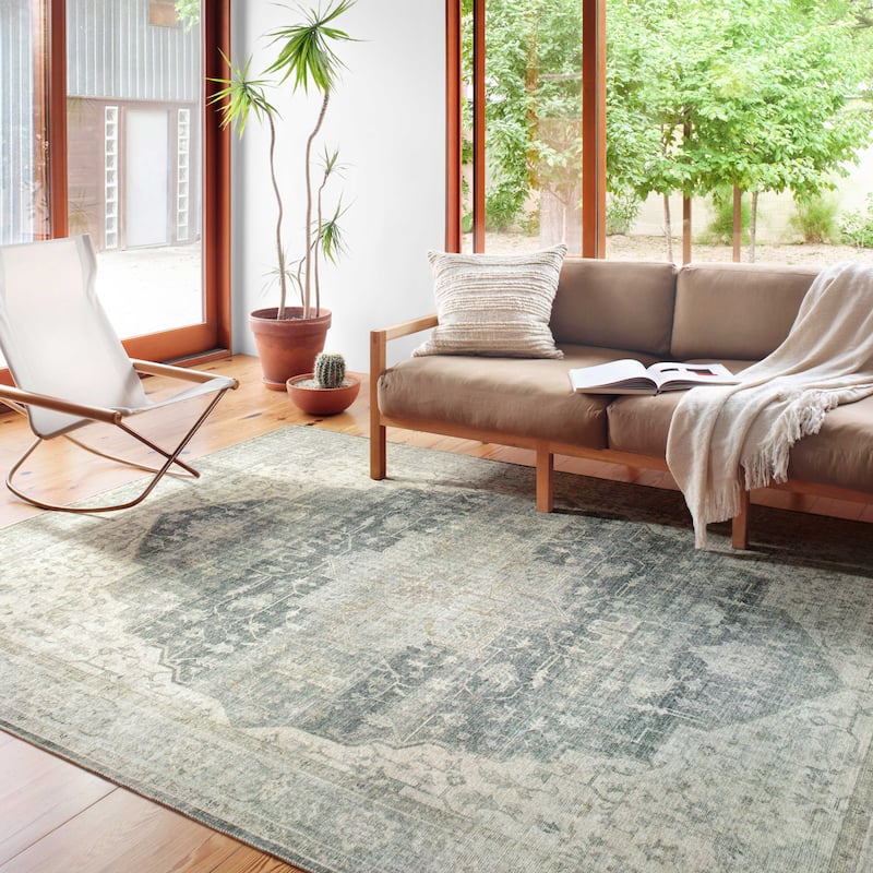 Alexander Home Leanne Printed Shabby Chic Medallion Vintage Area Rug - 7' x 9' Oval - Charcoal / Dove - Runner/Oval