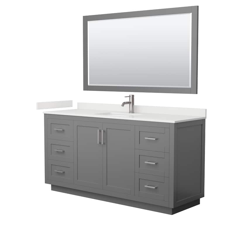 Miranda 66-inch Single Vanity, Quartz Top, 58-inch Mirror - Dark Gray, Nickel Trim, White Quartz Top