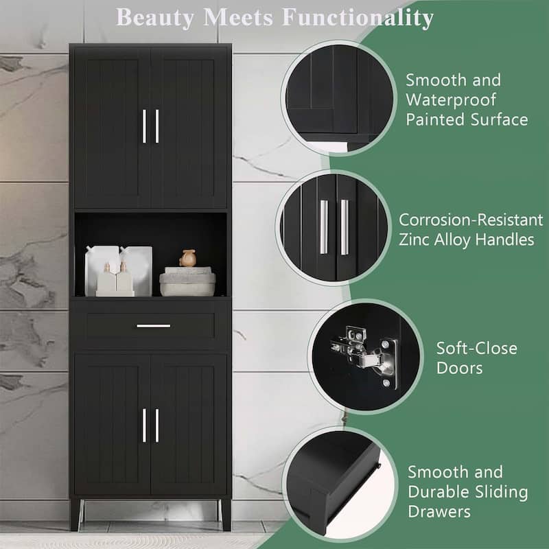 Freestanding Tall Cabinet with Drawer,2 Cabinets,4 Soft-Close Doors,and Adjustable Shelves for Versatile Storage