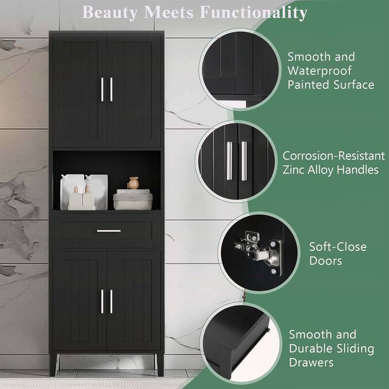 Tall Bathroom Cabinet with Drawer,Cabinets,Soft-Close Doors,Adjustable Shelves,Open Storage for Versatile Use