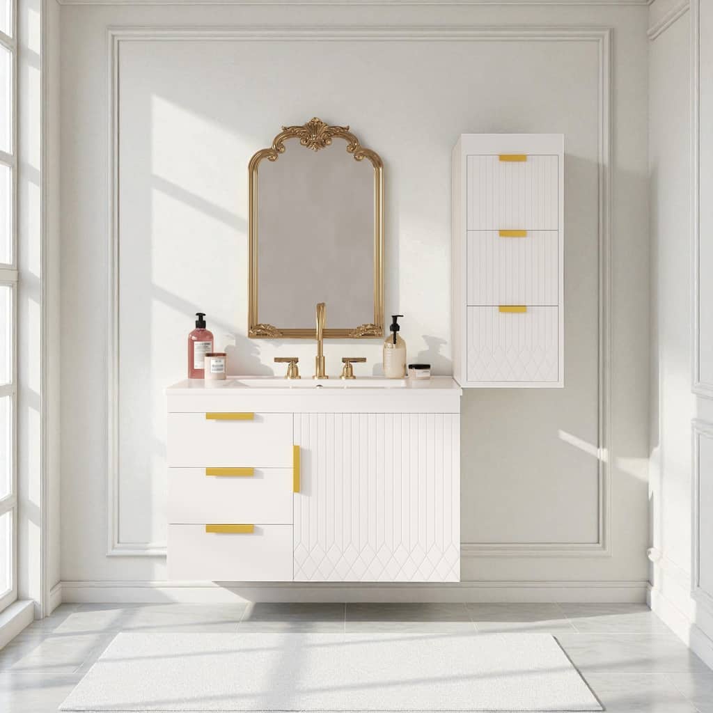 30" Wall Mounted Bathroom Vanity with Sink and Side Cabinet, Modern Floating Bathroom Cabinet with Soft-Close Doors and Drawers
