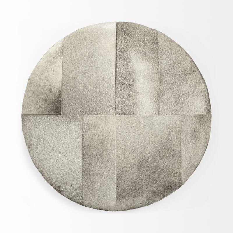 Gray Cowhide Ottoman with Metal Base
