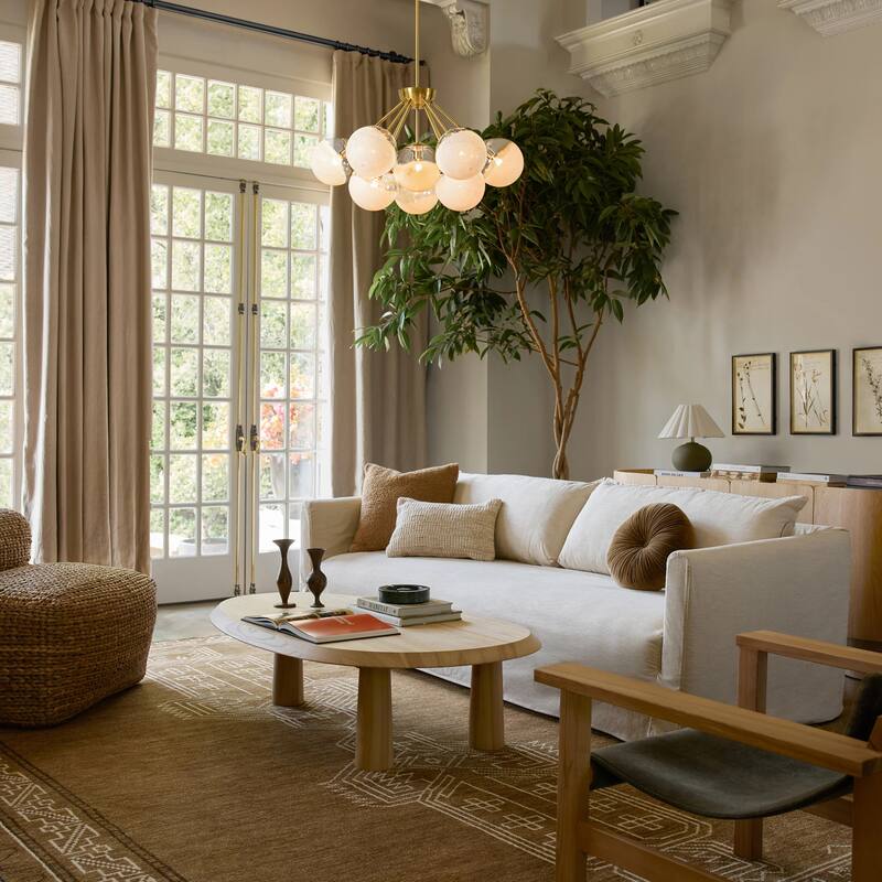 10-Light Modern Black/Gold Metal Sputnik Chandelier for Dining/Living Room with White Cluster Glass Globe Shade