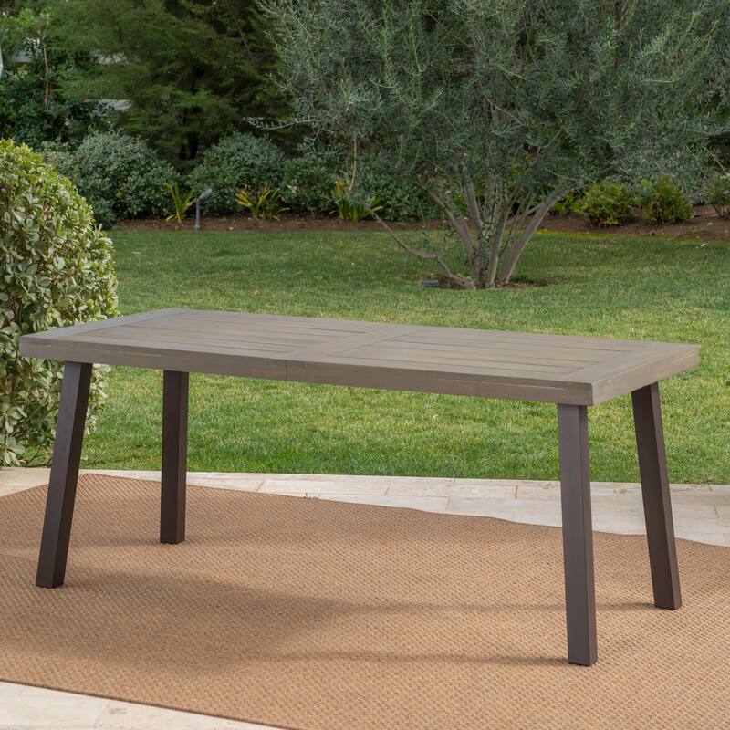 Della Outdoor Acacia Wood Dining Table with Metal Legs, Grey Finish / Rustic Metal