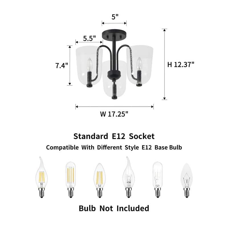 KAWOTI 3-light Modern Semi-flush Mount with Seeded Glass Shade - W17.25" x H12.4"