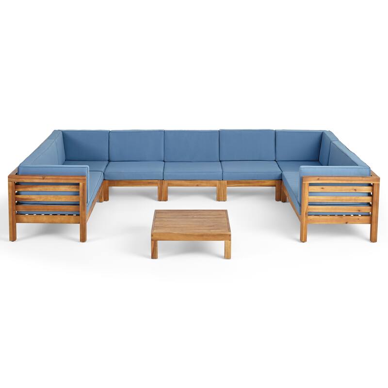 Oana Outdoor Acacia Sectional Sofa Set by Christopher Knight Home - Teak Finish + Blue