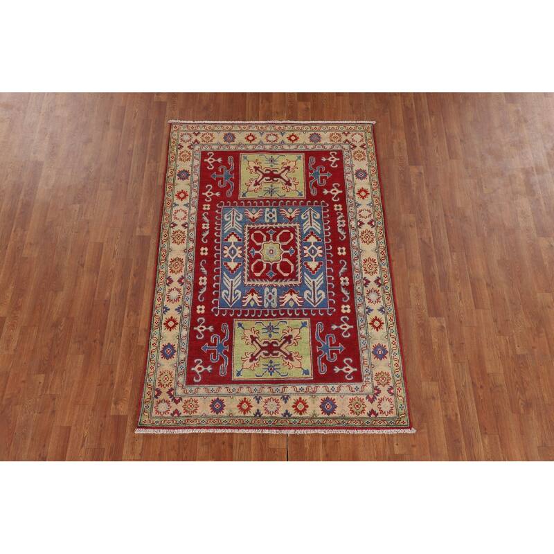 Traditional Kazak Oriental Area Rug Handmade Geometric Red Wool Carpet - 4'3" x 6'4"