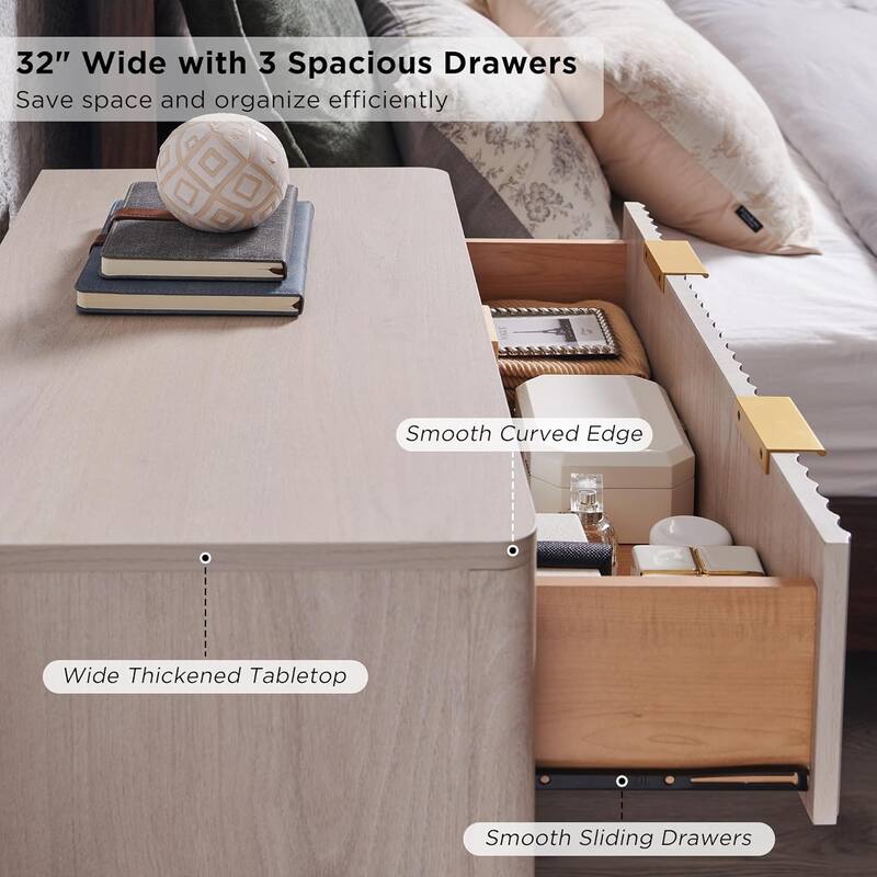 Modern fluted 3 Chest of Drawers, Dresser for Bedroom, Living Room