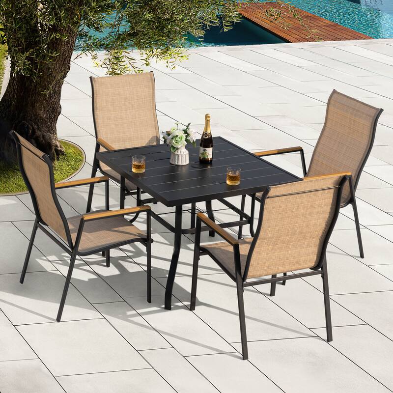 5-Piece Textilene Patio Dining Set with Umbrella Hole, Stackable Design - Fixed Iron Table