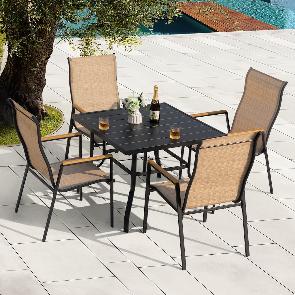 5-Piece Textilene Patio Dining Set with Umbrella Hole, Stackable Design