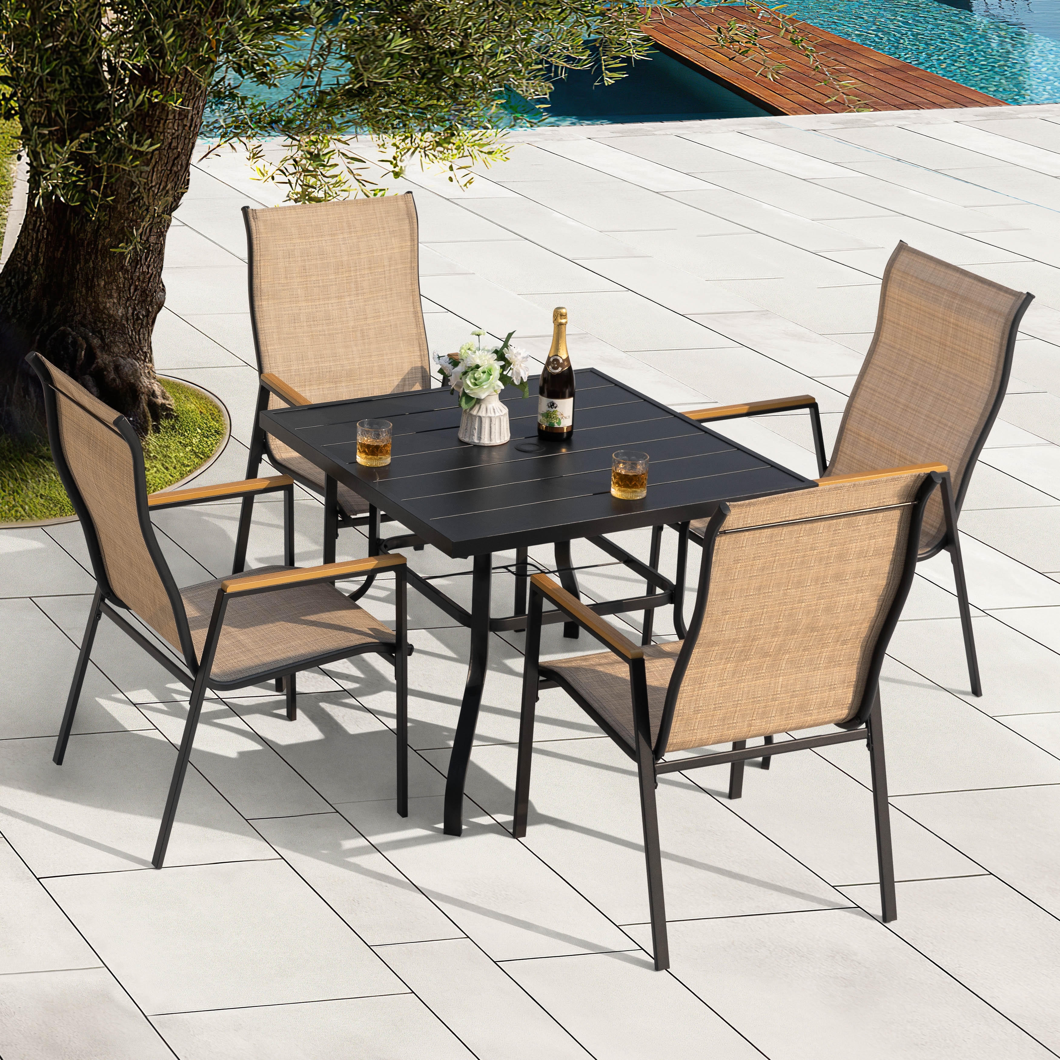 Nuu Garden 5-Piece Textilene Patio Dining Set with Umbrella Hole, Stackable Design
