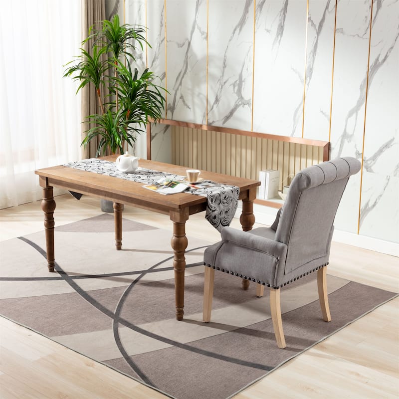 Fabric Upholstered High Back Arm Dining Chair with Oak Wood Legs