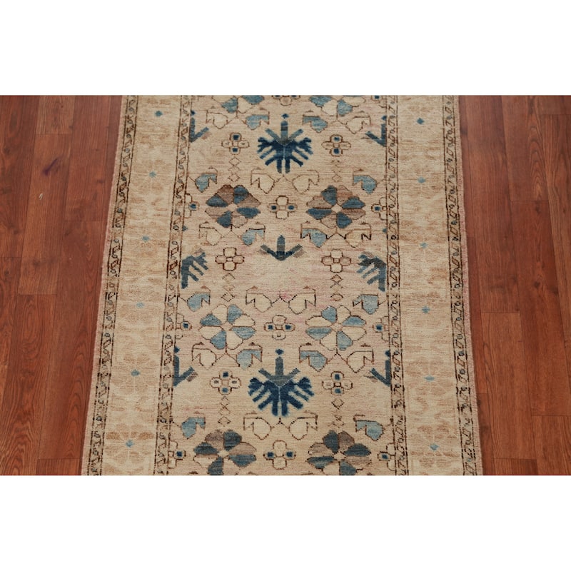 Hand Knotted Oriental 100% Wool Carpet Transitional All-Over Beige & Ivories Oushak Runner Rug - 9' 9'' X 2' 8''