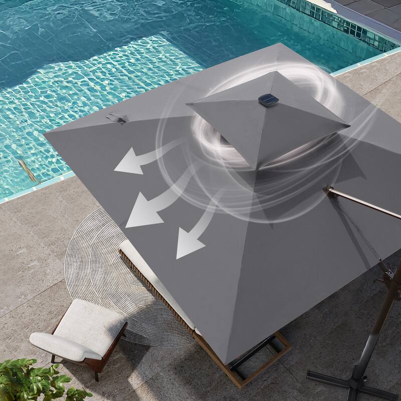 VredHom 11X11 FT Outdoor Square Cantilever Patio Umbrella Aluminum Solar LED Light with HDPE Base