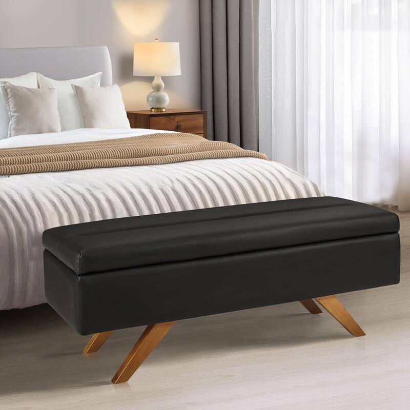 VECELO Black PU Leather Storage Bench 2 Styles with 4-Leg/Angled Legs Multifunctional Ottoman with Hinged Lid for Bedroom