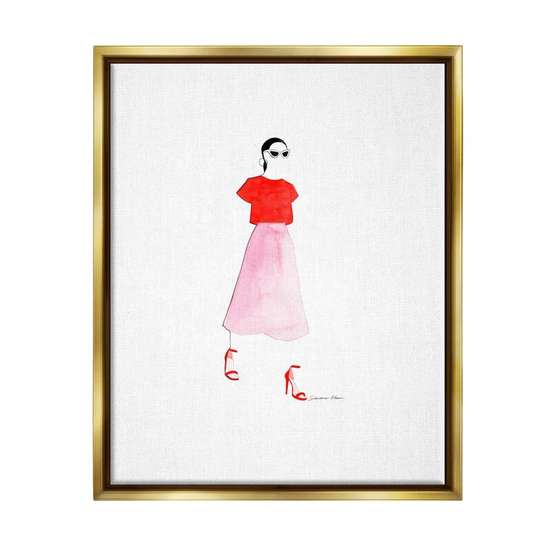 Stupell Girl in Pink & Red Framed Floater Canvas Wall Art Design by Simone Elum - 17 x 21 - Gold