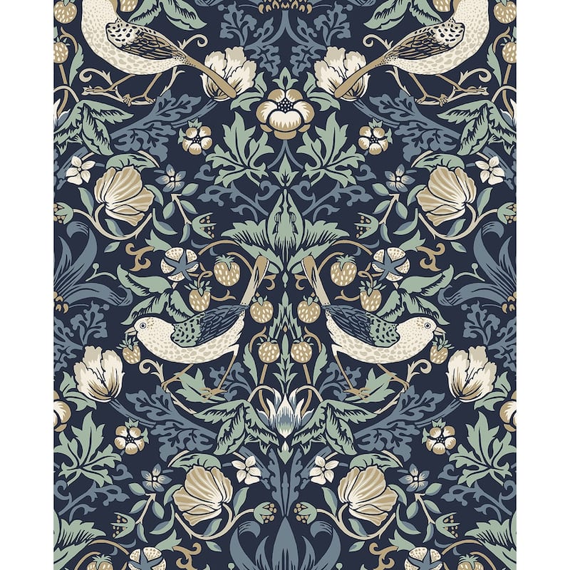 Seabrook Designs Fragaria Garden Non-Woven Unpasted Wallpaper - 20.9 in. W x 33 ft. L - Navy Blue & Aloe