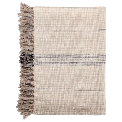 Uno 50 Inch Throw Blanket, Soft Cotton, Linen, Woven Stripes, Beige, Brown