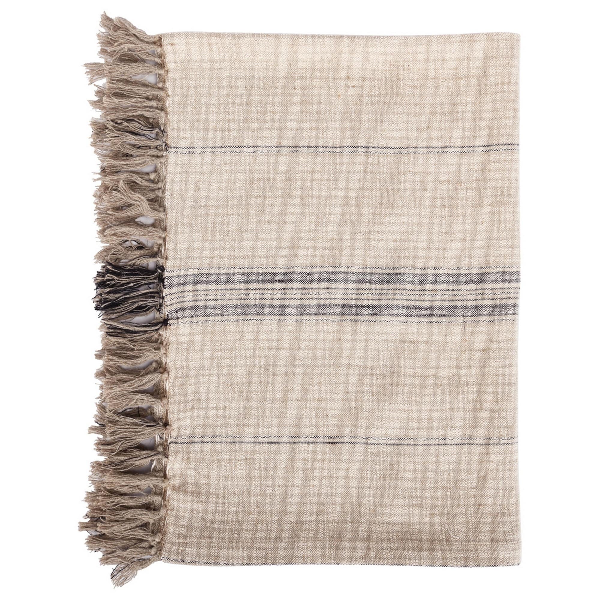 Uno 50 Inch Throw Blanket Soft Cotton Linen Woven Stripes Beige Brown