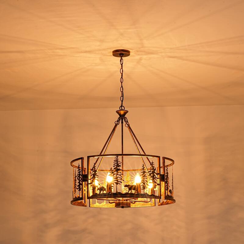 6-Light Black & Gold Iron Chandelier with Adjustable Chain for Rustic Lodge Spaces - 26 in. W x 26.4 in. H