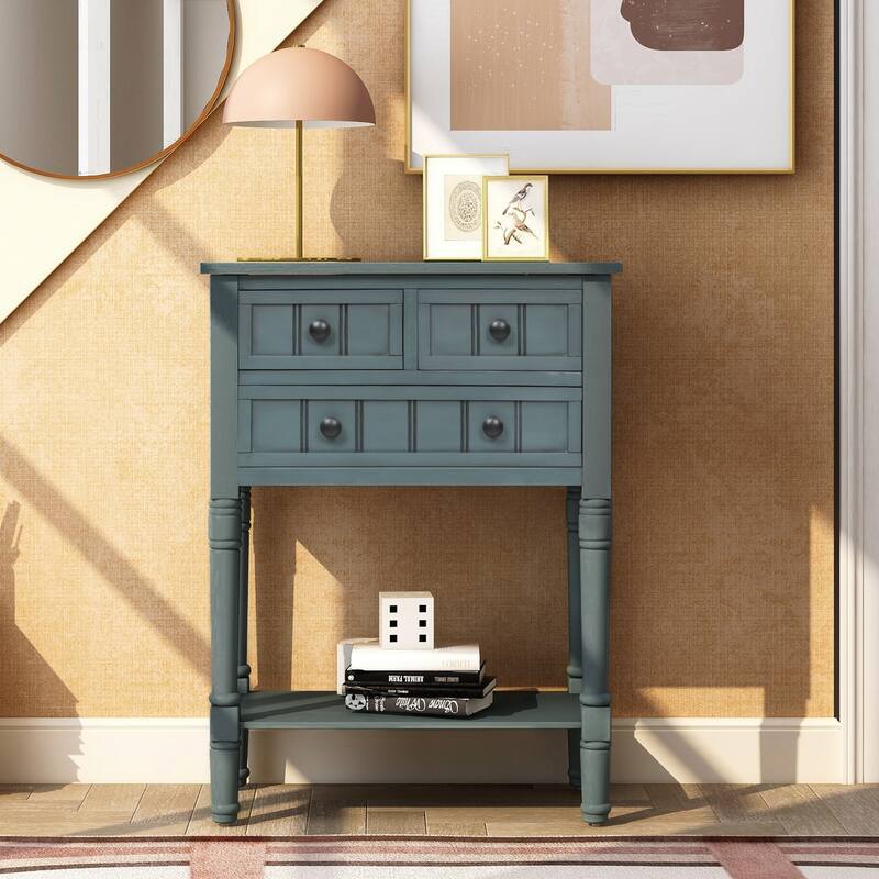 Narrow Console Table, Slim Sofa Table with Three Storage Drawers and Bottom Shelf - Navy
