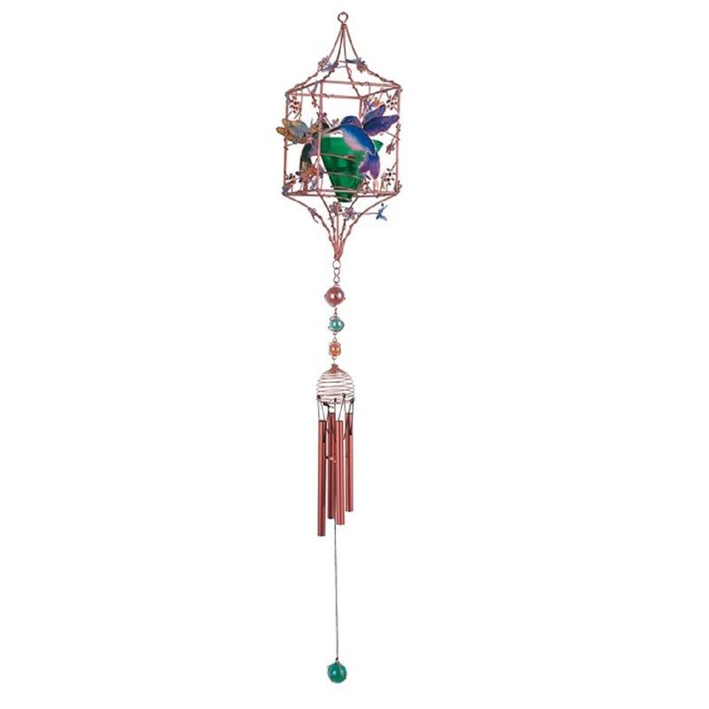 Q-Max 33" Long Hummingbird Copper and Gem Wind Chime with Candle Holder Garden Ornament Decoration Figurine
