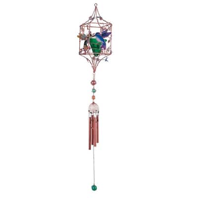 Q-Max 33" Long Hummingbird Copper and Gem Wind Chime with Candle Holder Garden Ornament Decoration Figurine