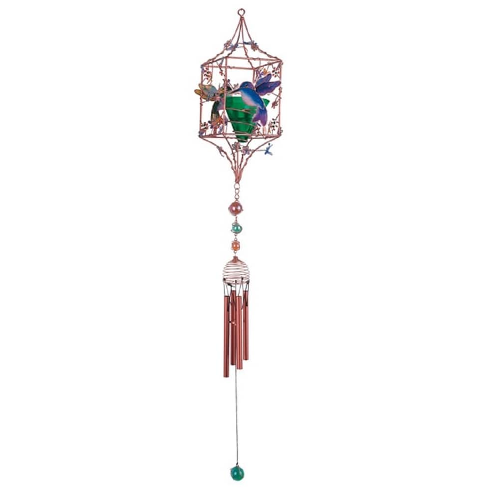 Q-Max 33" Long Hummingbird Copper and Gem Wind Chime with Candle Holder Garden Ornament Decoration Figurine